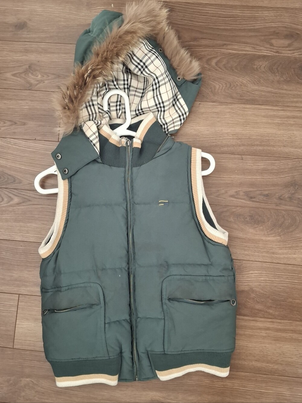 Kids Quilted Hooded Vest in Teal with Faux Fur Trim